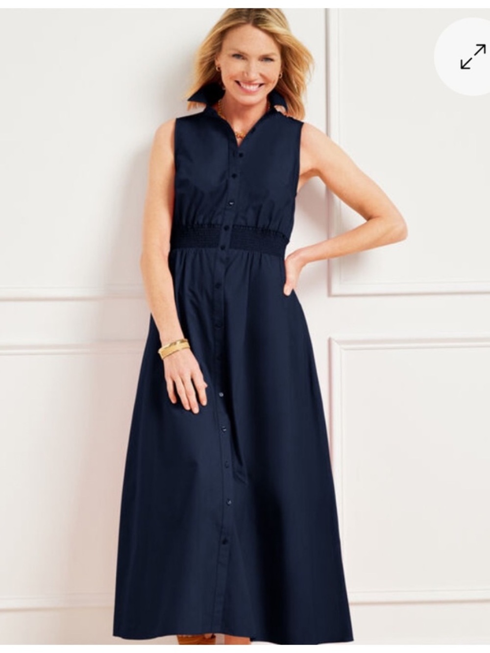 Talbots Sleeveless Navy Button-Front Cotton Maxi Dress with Smocked Waist